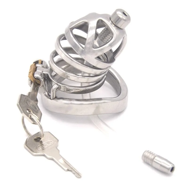 Steel Cage Locking Chastity Device with Urethral Probe Featuring Cum-Thru Design