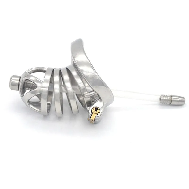 Steel Cage Locking Chastity Device with Urethral Probe Featuring Cum-Thru Design