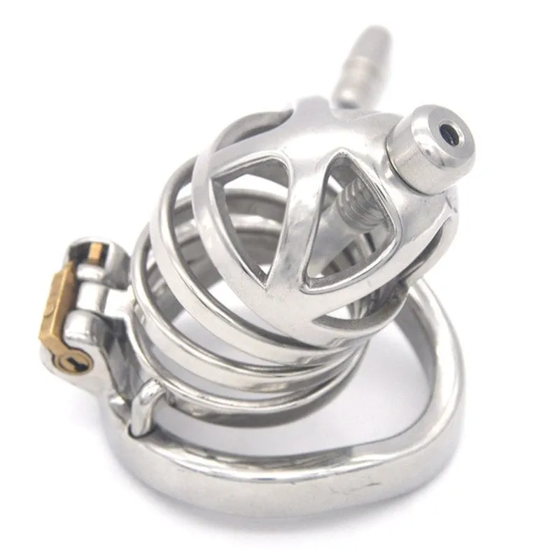 Steel Cage Locking Chastity Device with Urethral Probe Featuring Cum-Thru Design