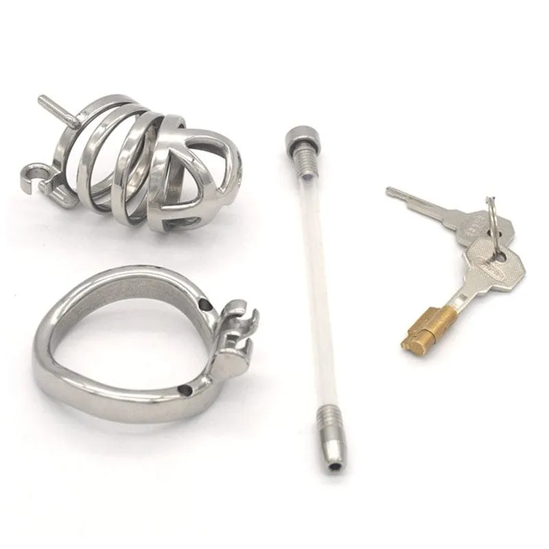 Steel Cage Locking Chastity Device with Urethral Probe Featuring Cum-Thru Design