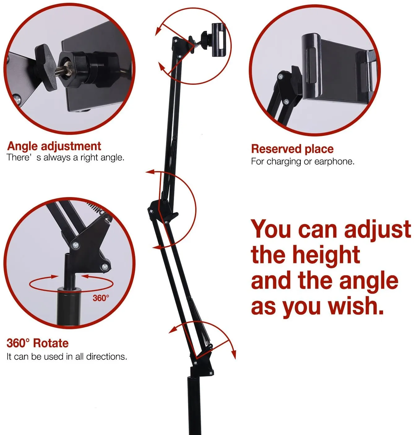 1.35M Adjustable Long Arm Floor Stand for Phone Tablet