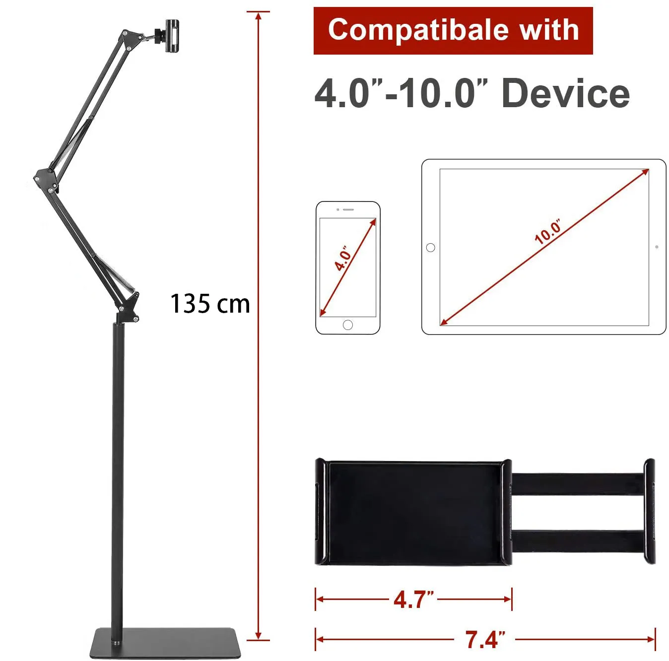 1.35M Adjustable Long Arm Floor Stand for Phone Tablet