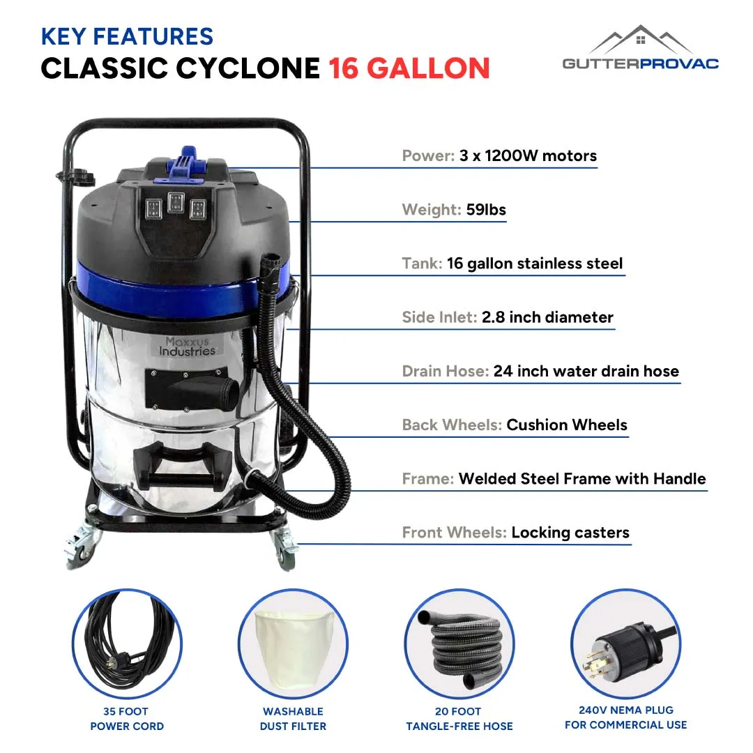 16 Gallon Classic Cyclone Gutter Vacuum with 28 Foot Aluminum Gutter Poles, 25ft Hose and Pole Bag