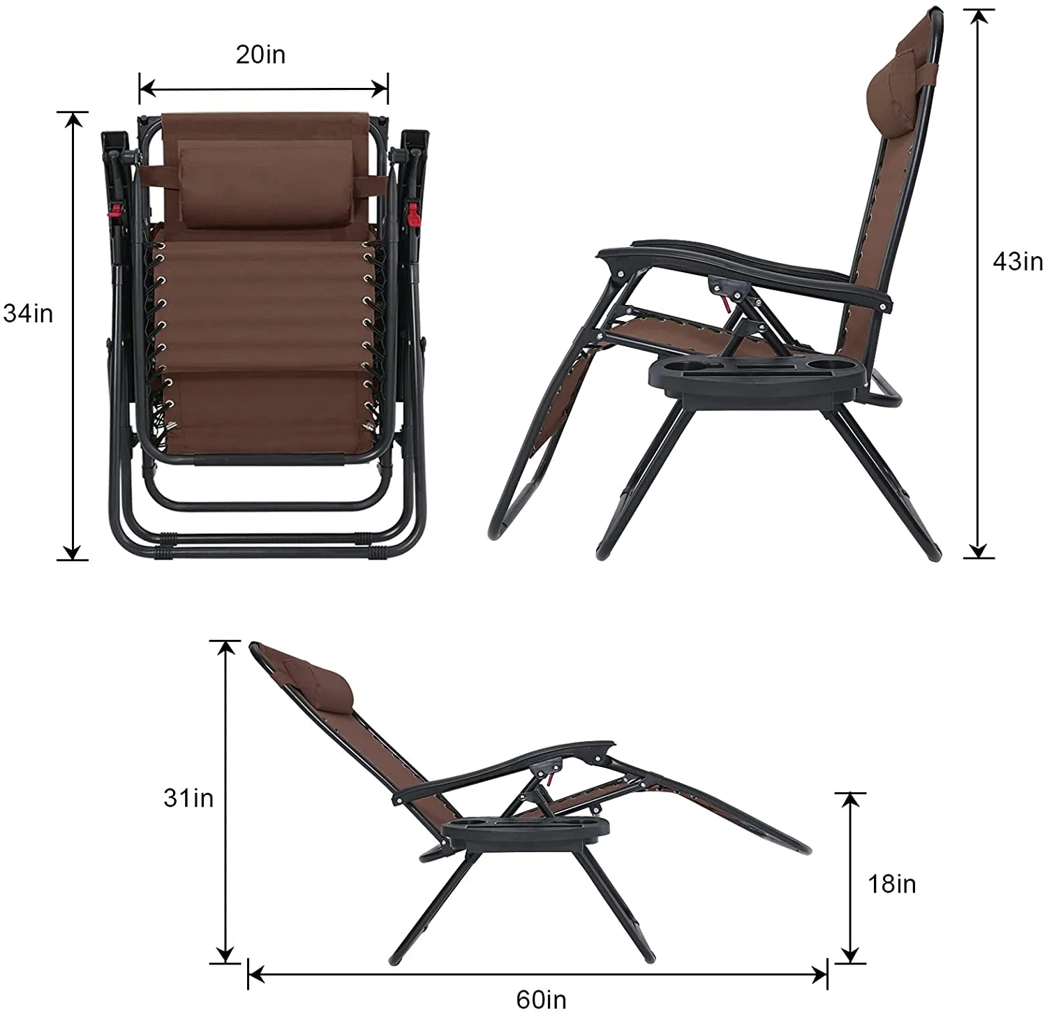 2PS Chair Zero Gravity Canopy Shade Lounge Chair Cup Holder Patio Outdoor Garden