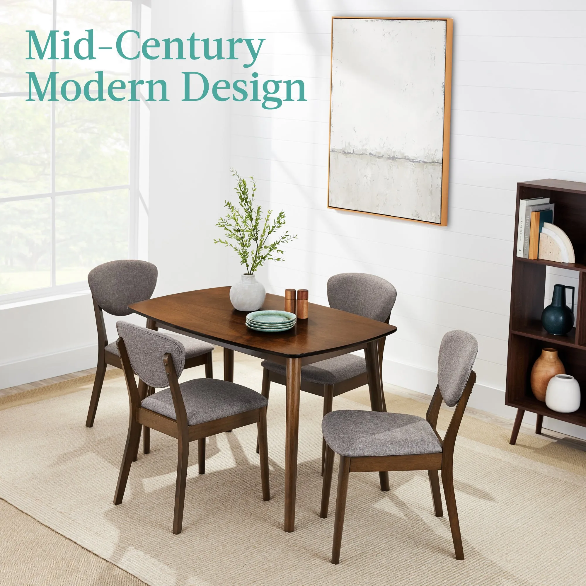 5-Piece Wooden Mid-Century Modern Dining Set w/ 4 Chairs, Padded Seat & Back