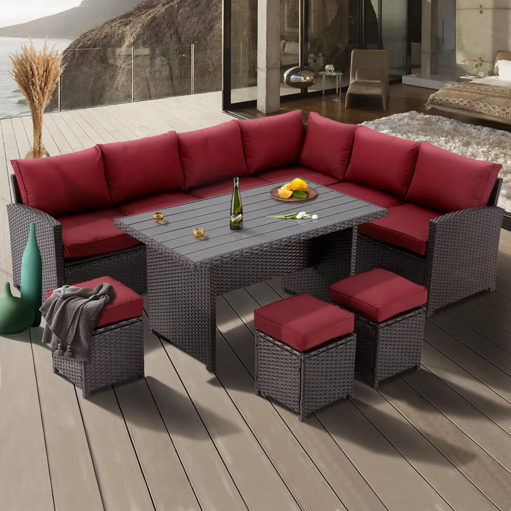 7 Pcs Patio Dining Set All Weather Outdoor Sectional Furniture w/ Ottoman, Wine  Red Cushion