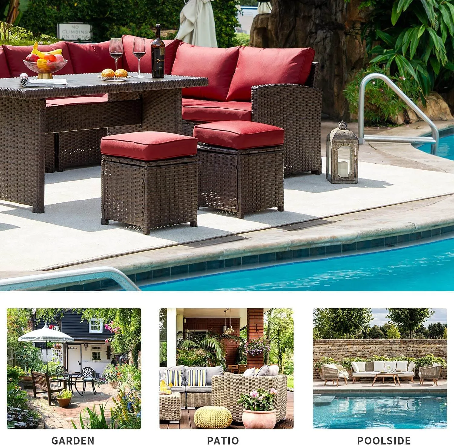 7 Pcs Patio Dining Set All Weather Outdoor Sectional Furniture w/ Ottoman, Wine  Red Cushion