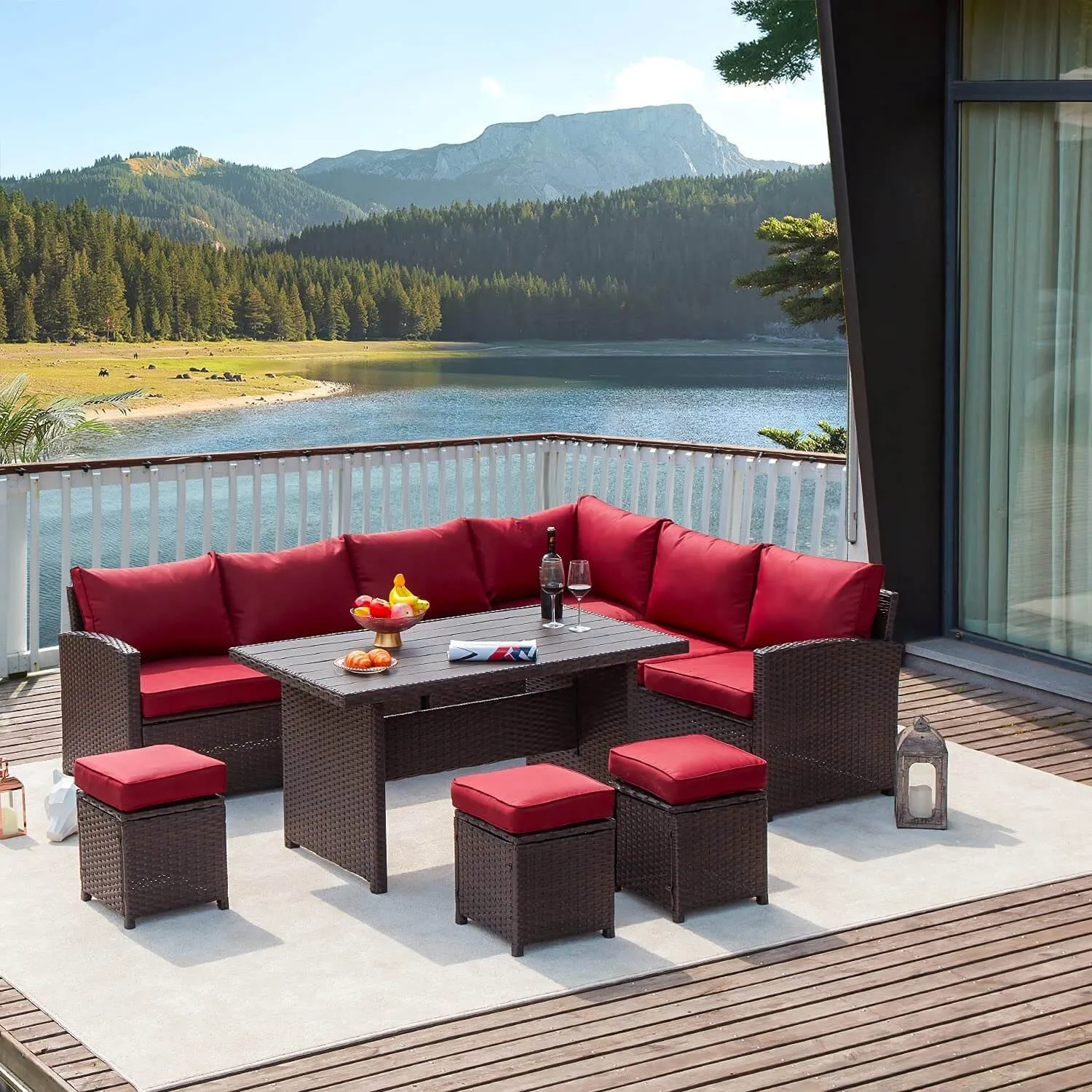 7 Pcs Patio Dining Set All Weather Outdoor Sectional Furniture w/ Ottoman, Wine  Red Cushion