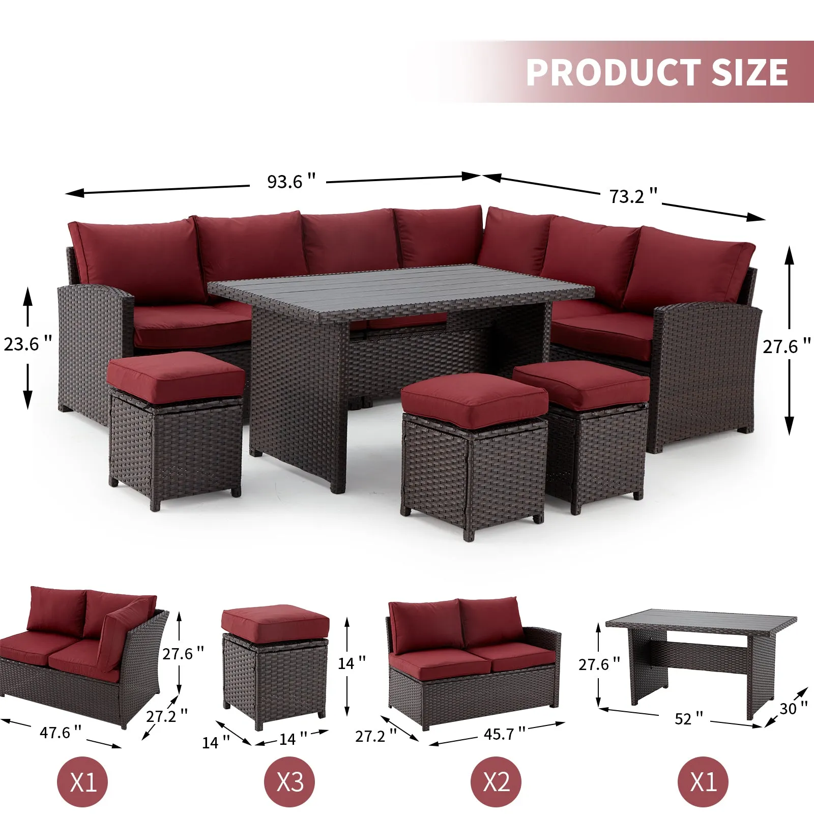 7 Pcs Patio Dining Set All Weather Outdoor Sectional Furniture w/ Ottoman, Wine  Red Cushion