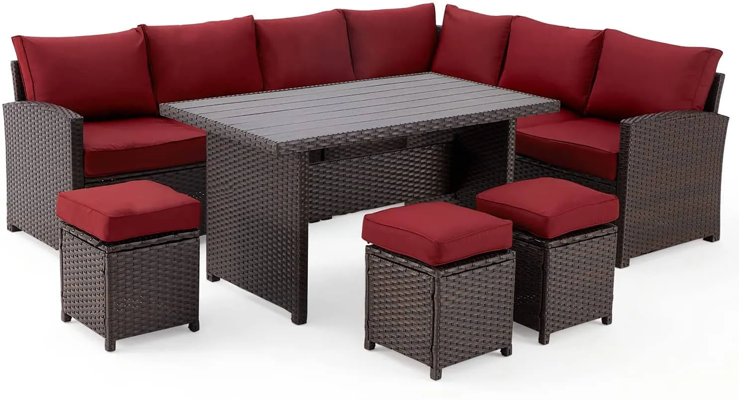 7 Pcs Patio Dining Set All Weather Outdoor Sectional Furniture w/ Ottoman, Wine  Red Cushion