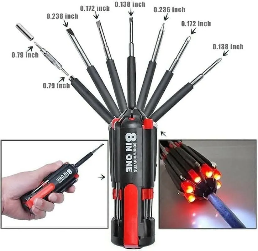 8 in 1 Multi-Function Screwdriver Kit, Tool Kit Set with LED Portable Torch