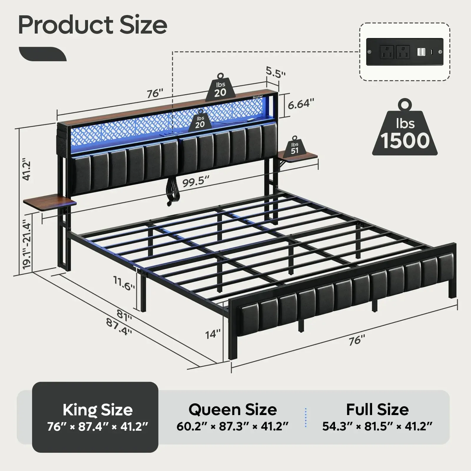 Bestier King/Queen/Full Size Bed Frame with Charging Station