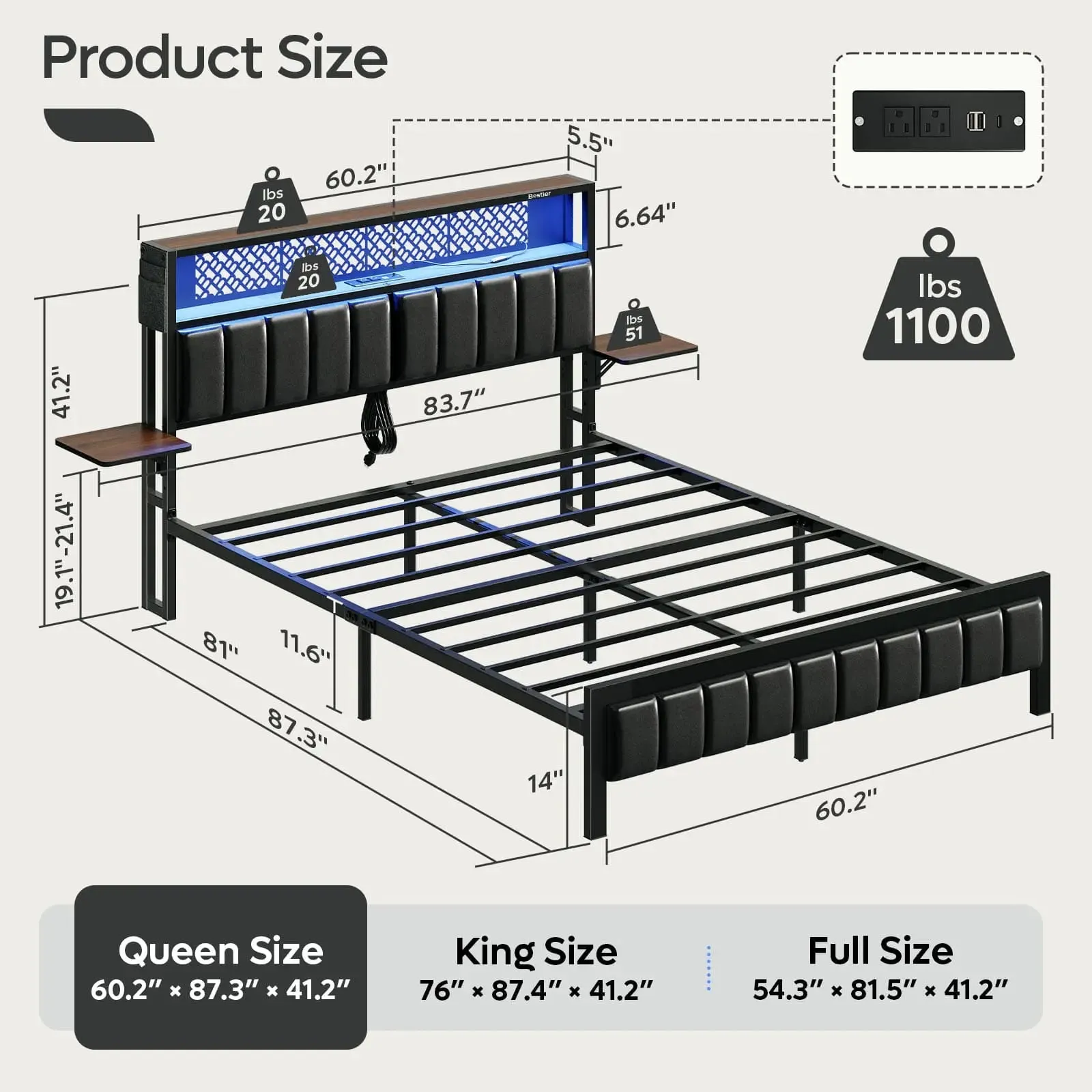 Bestier King/Queen/Full Size Bed Frame with Charging Station