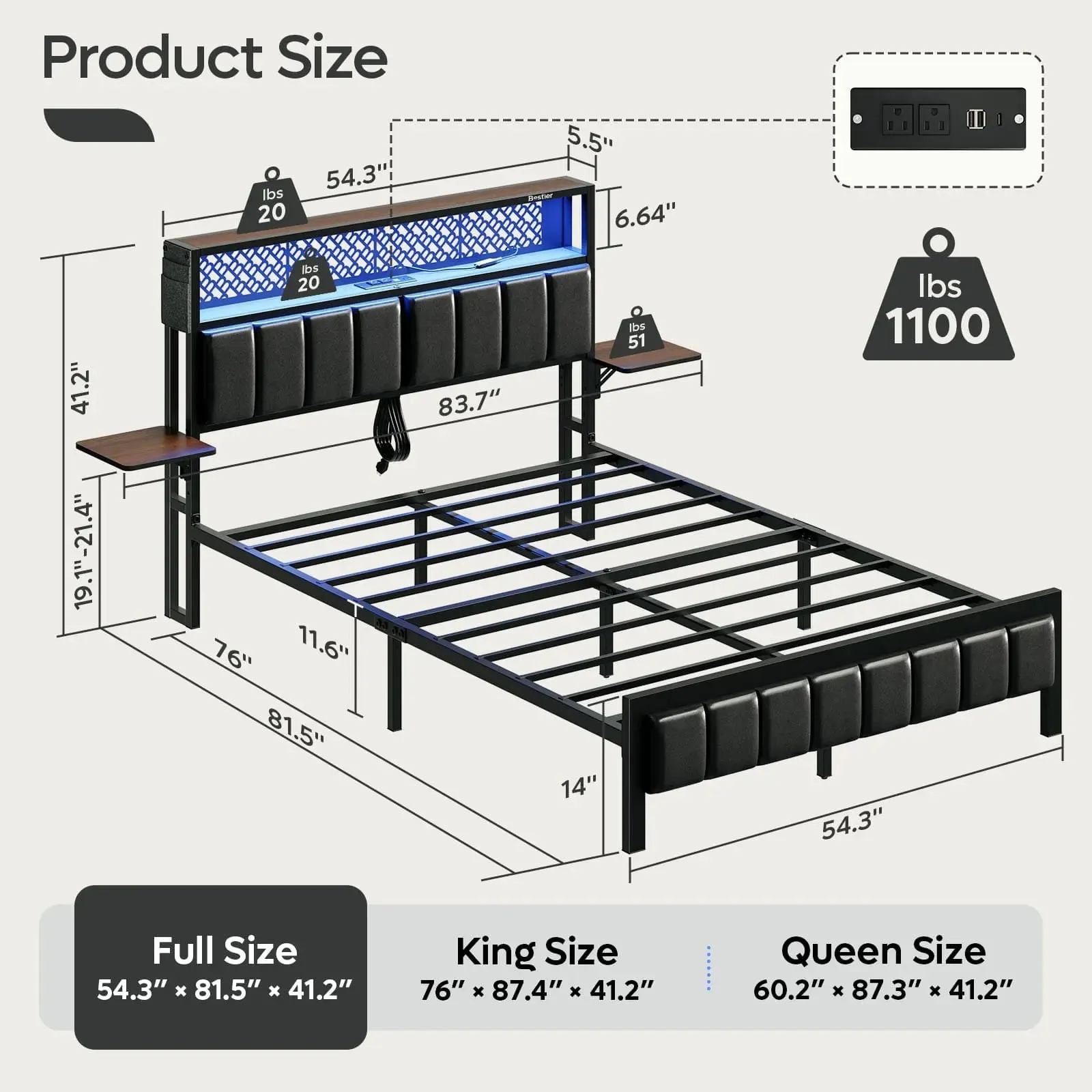 Bestier King/Queen/Full Size Bed Frame with Charging Station