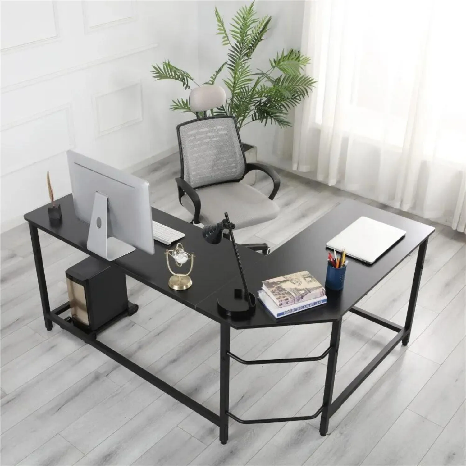 L-Shaped Space-Saving Computer Desk, Adjustable Black - EKKIO