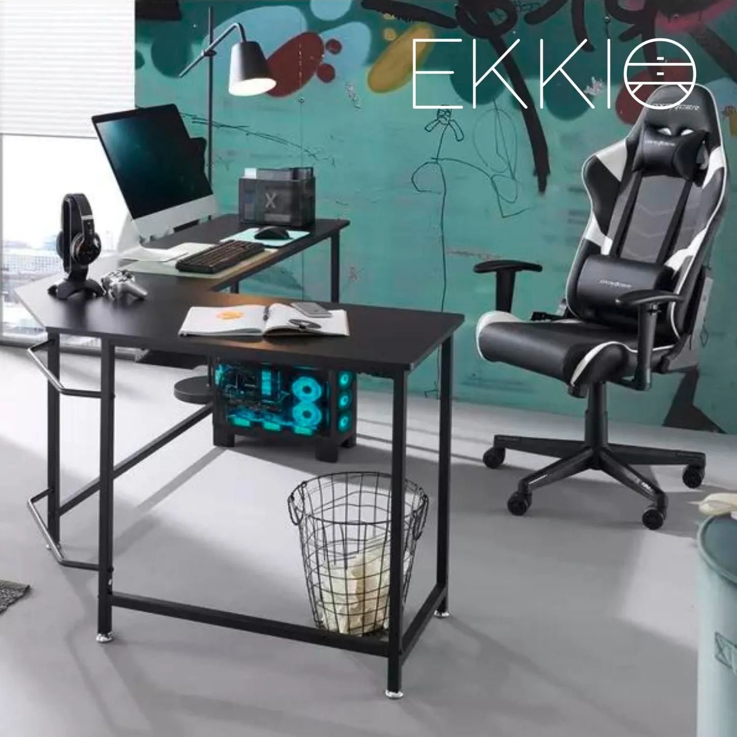 L-Shaped Space-Saving Computer Desk, Adjustable Black - EKKIO