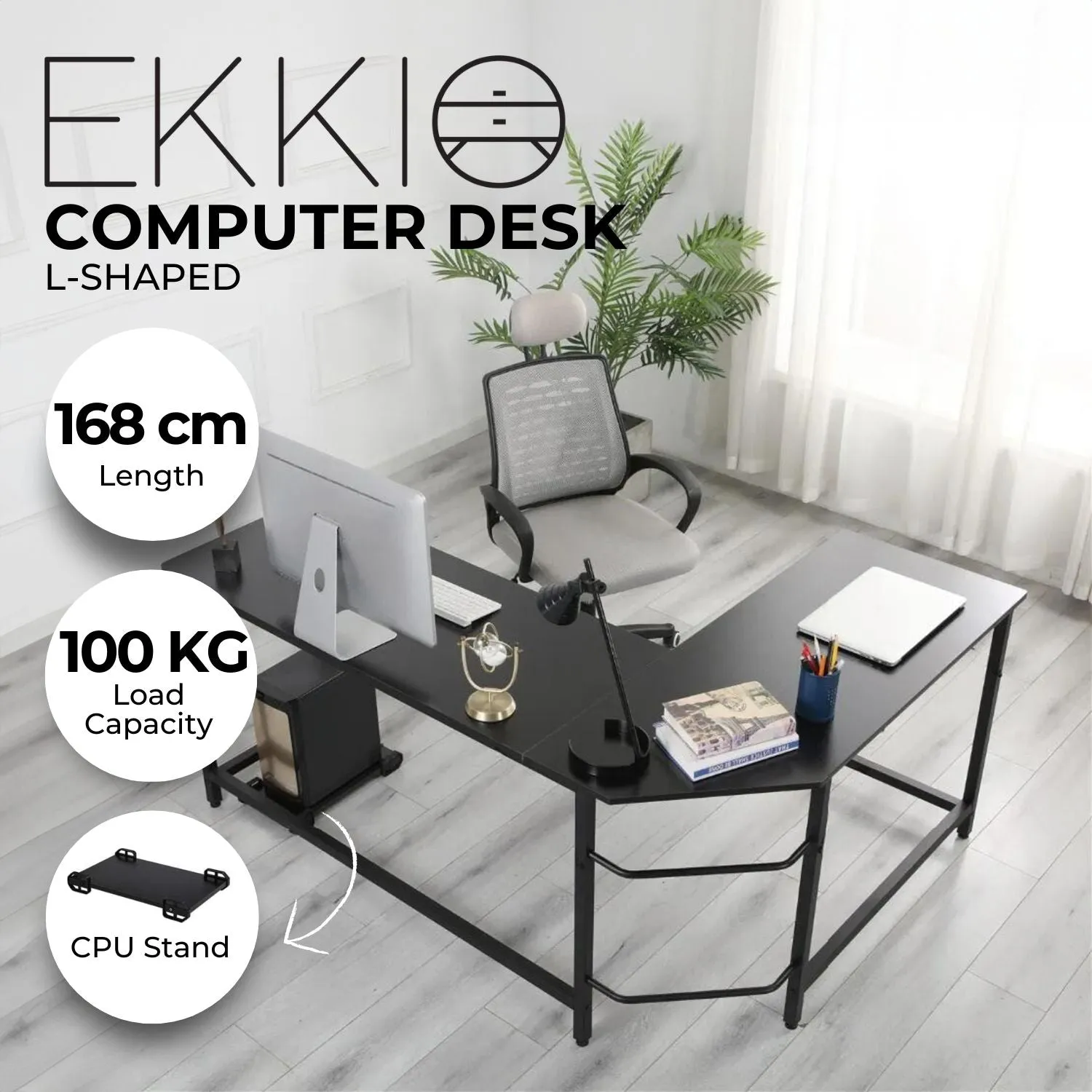 L-Shaped Space-Saving Computer Desk, Adjustable Black - EKKIO