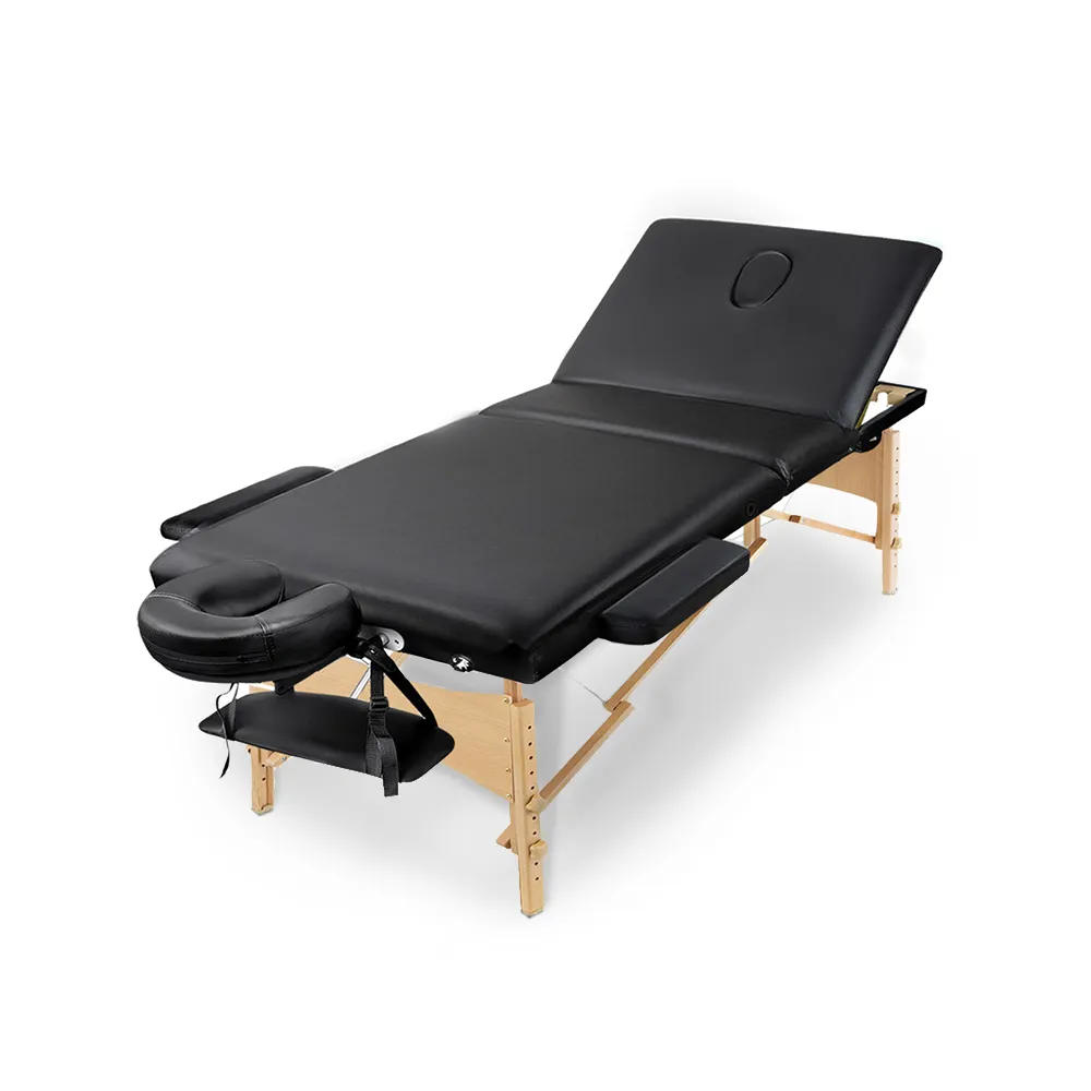 Portable Wooden Massage/Beauty Bed - 3 Fold - Black - 70cm