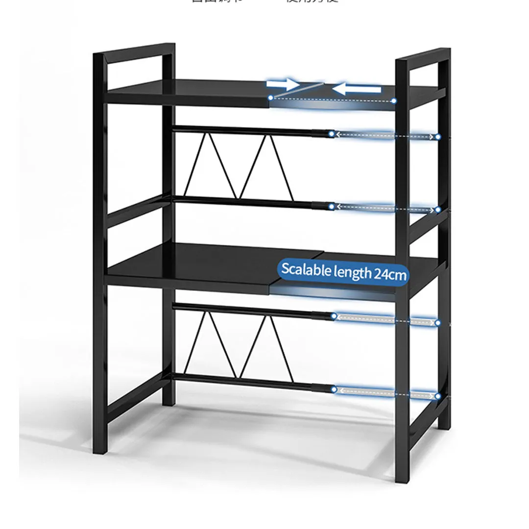 SOGA 3 Tier Steel Black Retractable Kitchen Microwave Oven Stand Multi-Functional Shelves Storage Organizer