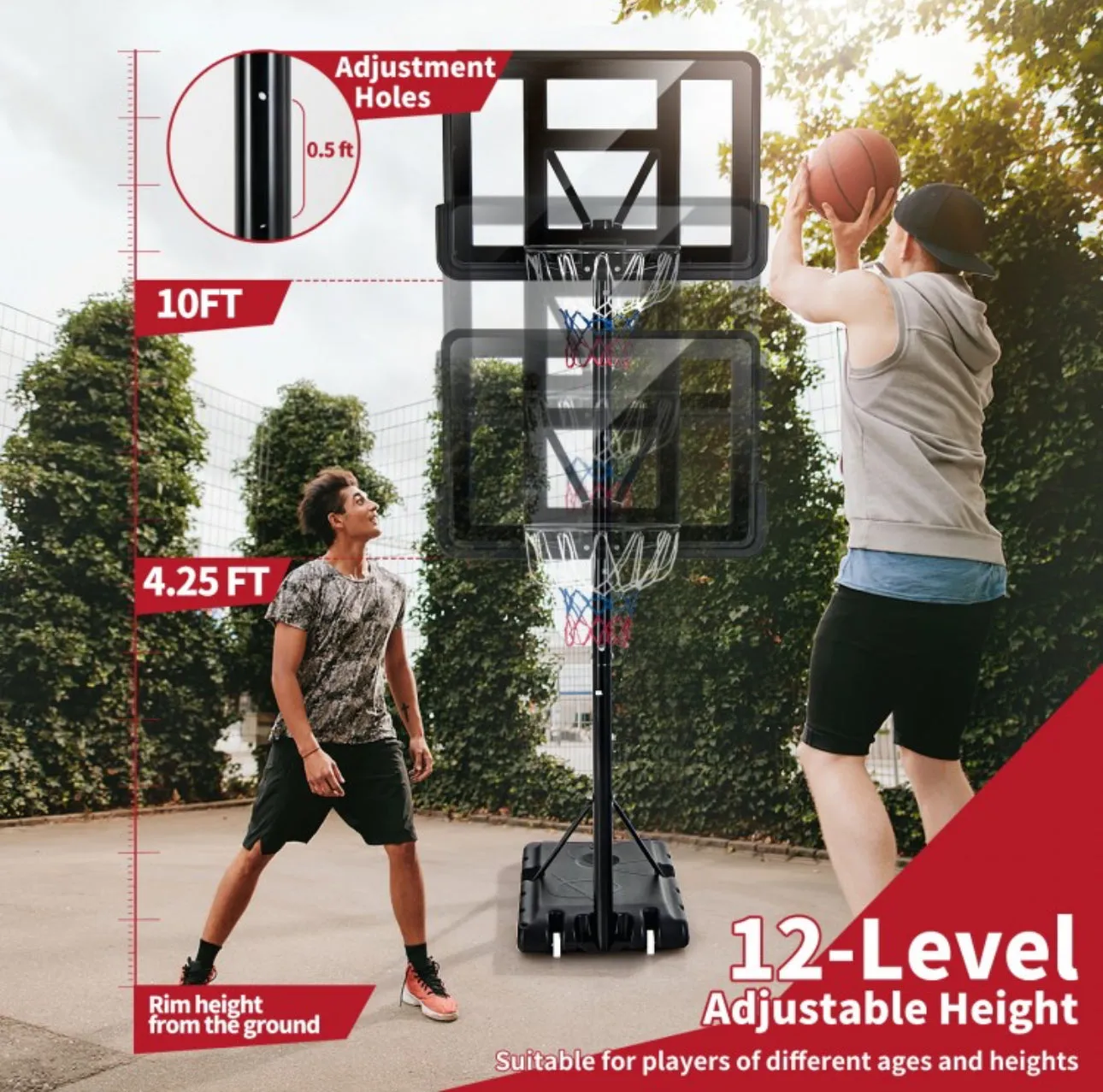 Super Fun Heavy Duty Adjustable Portable Basketball Net Hoop Stand | Shatterproof Backboard | Wheels | 4FT-10FT