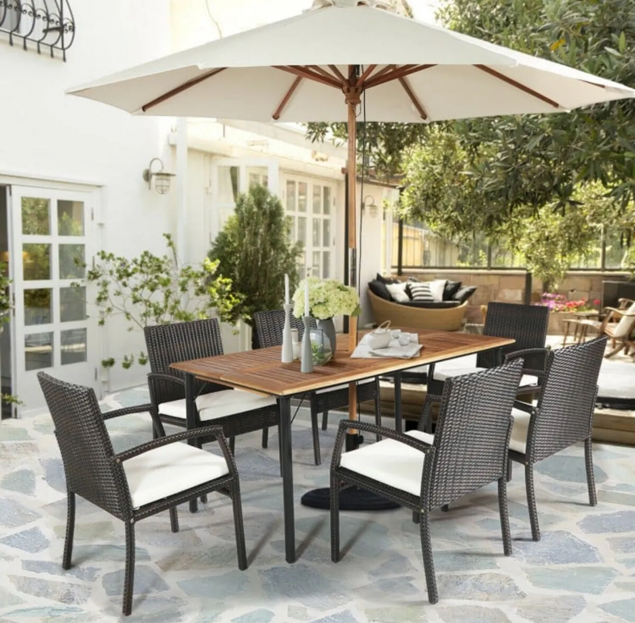 Very Comfortable Wicker / Rattan Patio Furniture 7 Piece Set With Cushions | Dining Set With Umbrella Hole | Heavy Duty