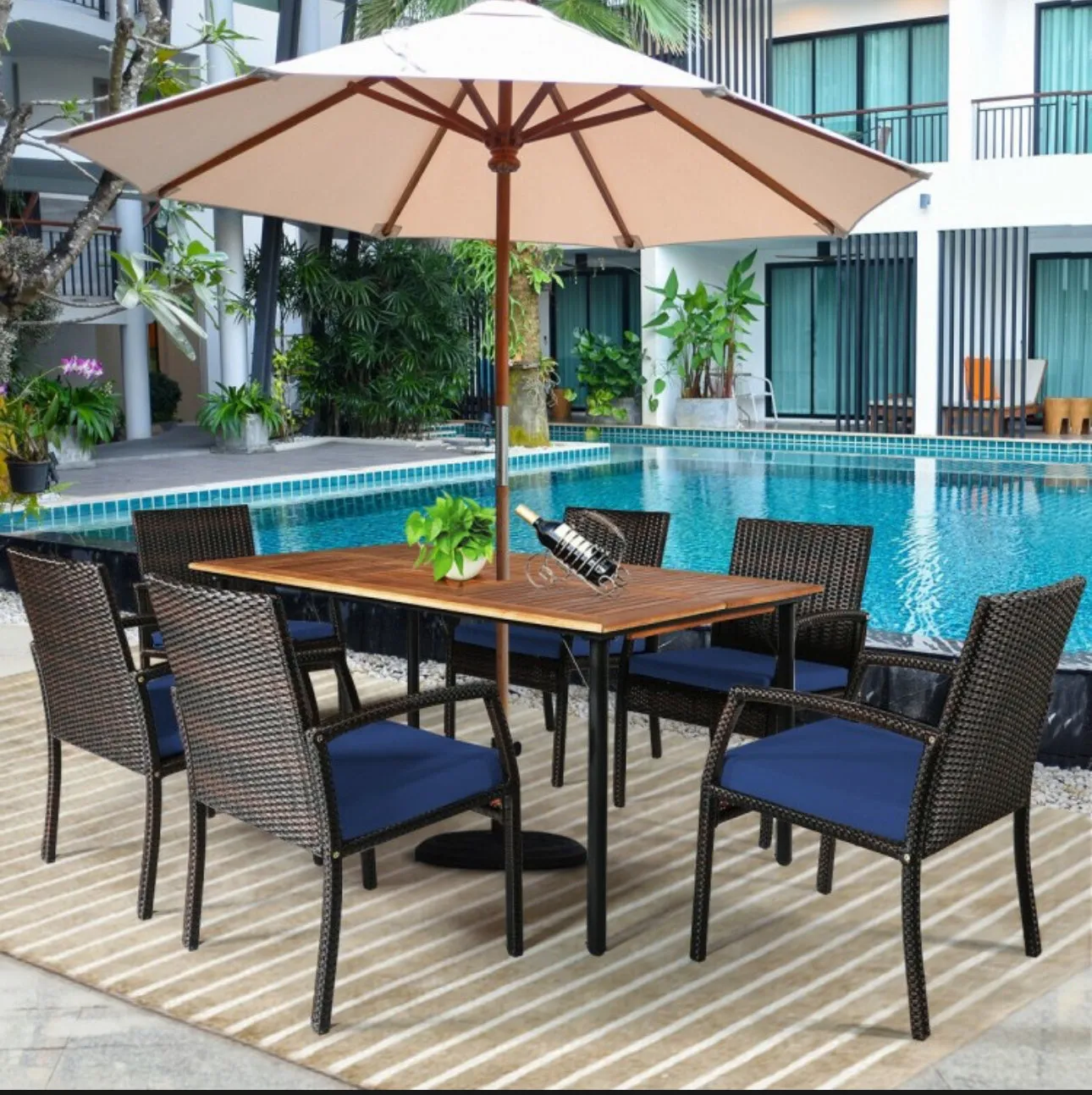 Very Comfortable Wicker / Rattan Patio Furniture 7 Piece Set With Cushions | Dining Set With Umbrella Hole | Heavy Duty