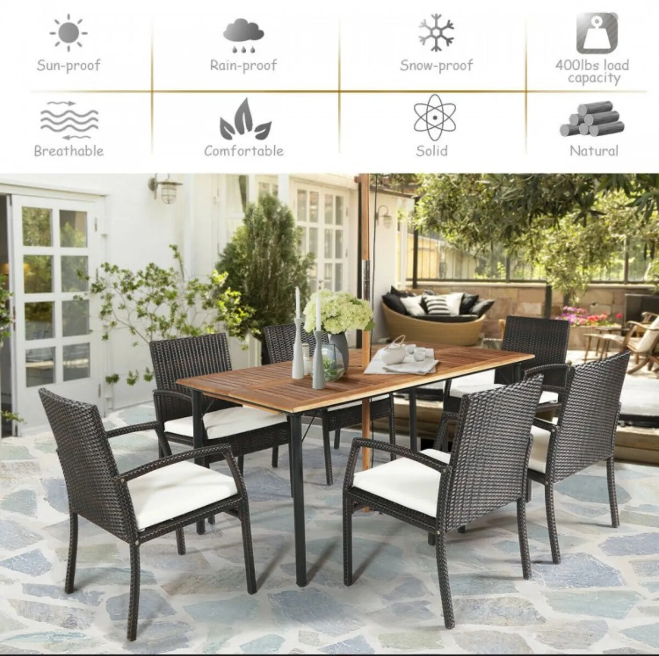 Very Comfortable Wicker / Rattan Patio Furniture 7 Piece Set With Cushions | Dining Set With Umbrella Hole | Heavy Duty