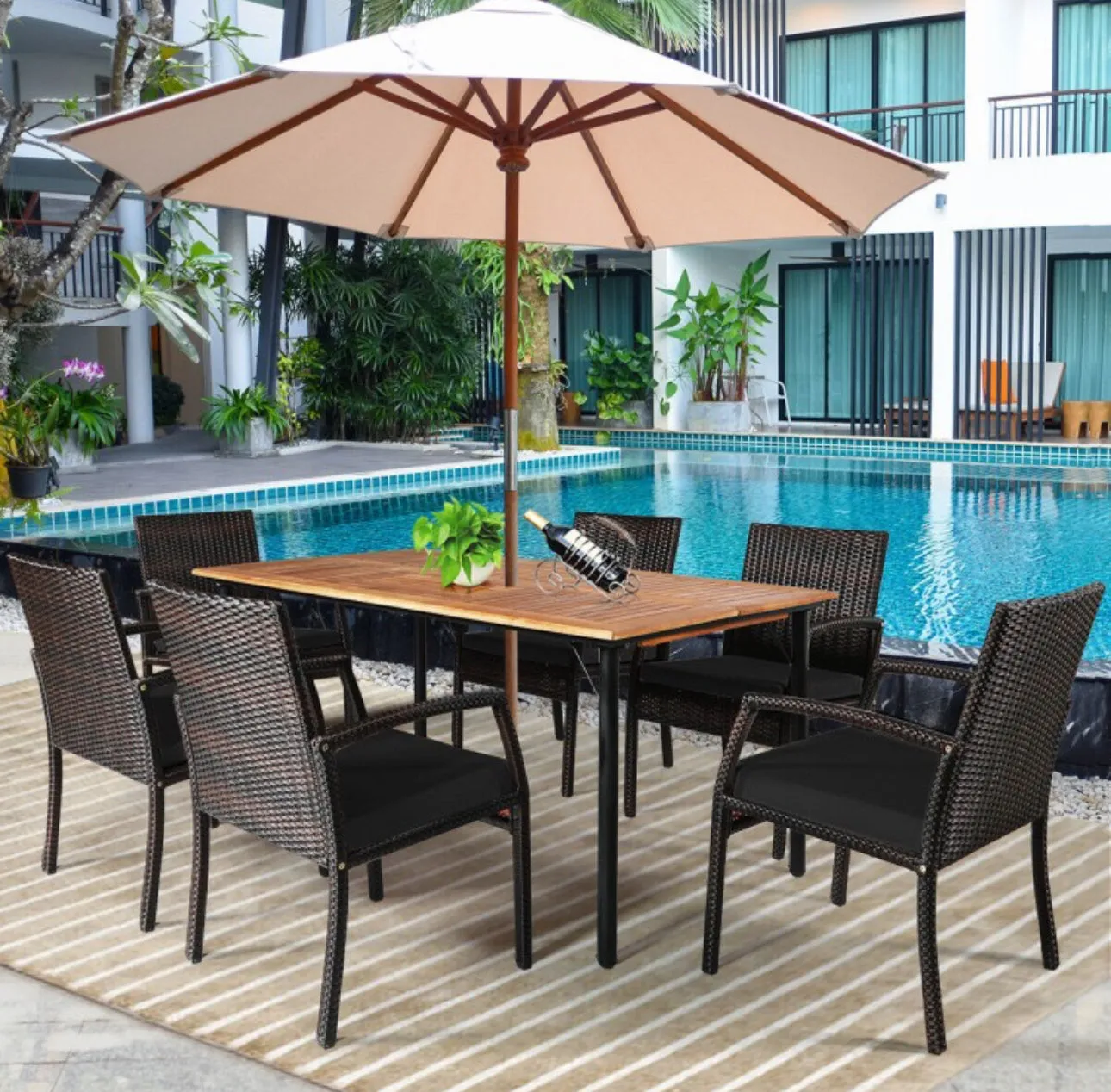 Very Comfortable Wicker / Rattan Patio Furniture 7 Piece Set With Cushions | Dining Set With Umbrella Hole | Heavy Duty