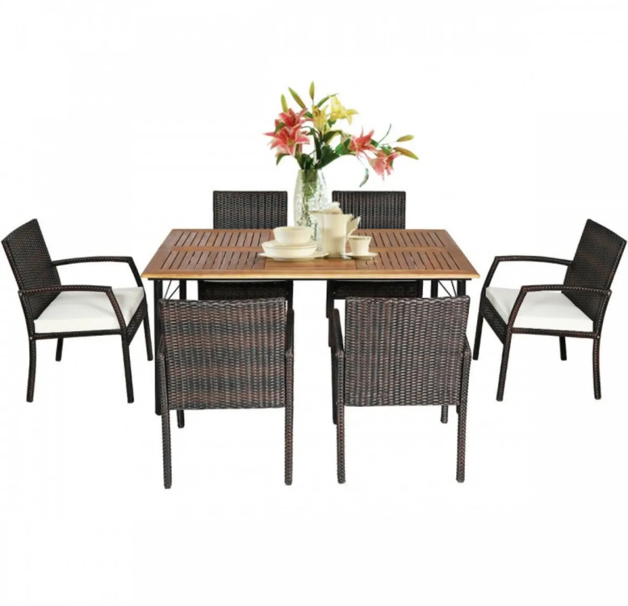 Very Comfortable Wicker / Rattan Patio Furniture 7 Piece Set With Cushions | Dining Set With Umbrella Hole | Heavy Duty